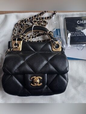 CHANEL Black Quilted Mini Top-Handle Chain Bag with Gold Hardware